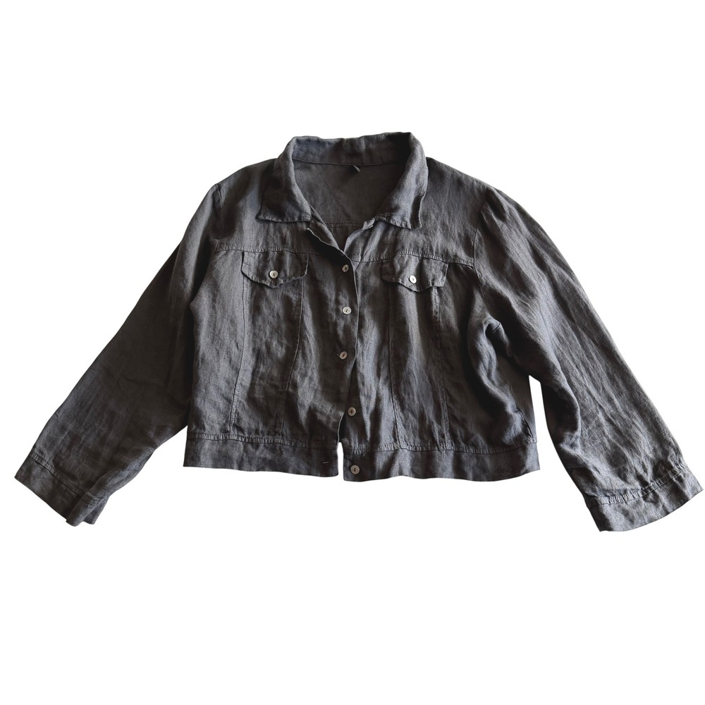 Inizion Made in Italy Linen Cotton Blend Cropped Button Front Charcoal Jacket XL